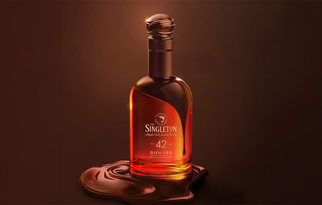 A bottle of The Singleton Gourmand 42 Year Old covered in chocolate