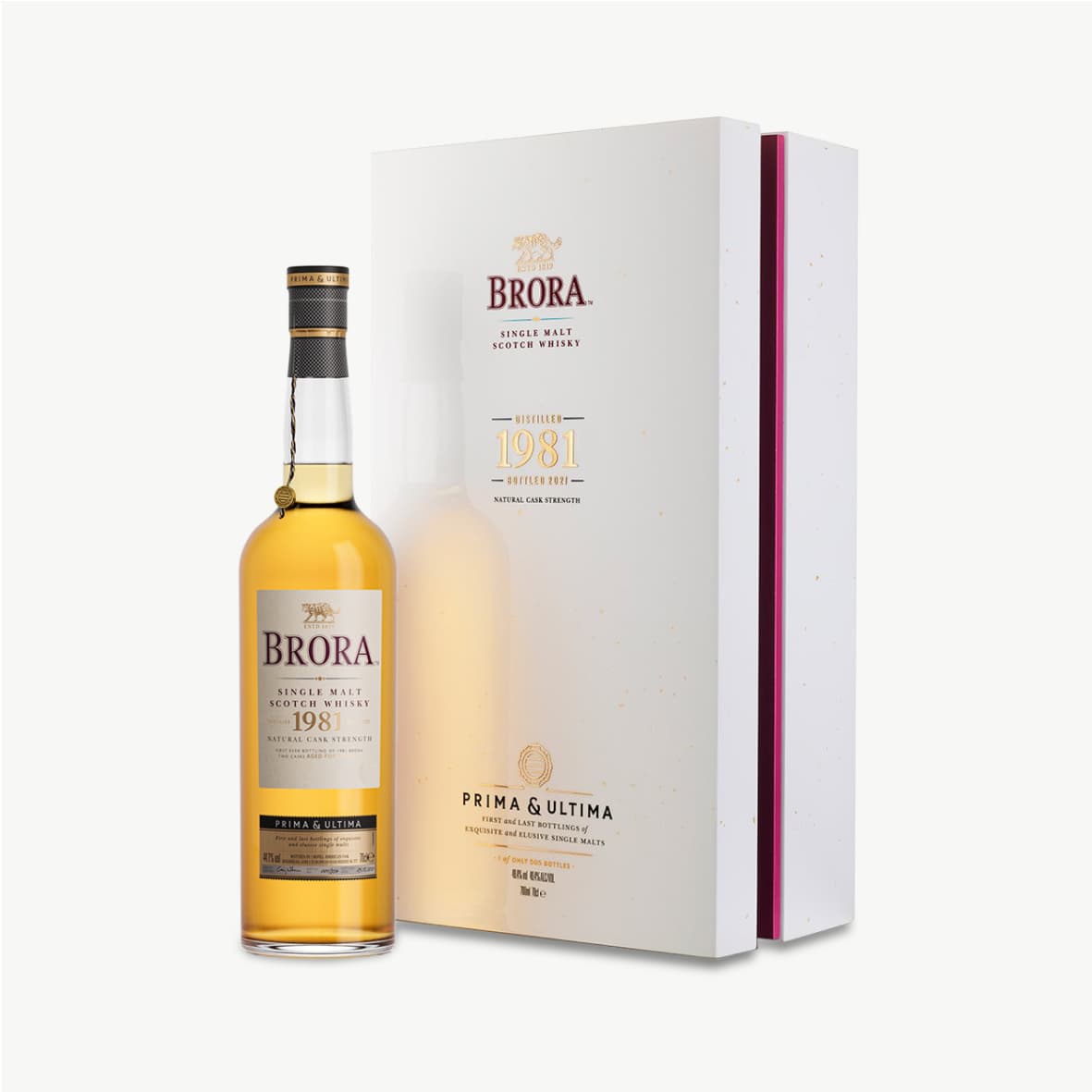 Brora 1981 whisky bottle next to Prima and Ultima branded case