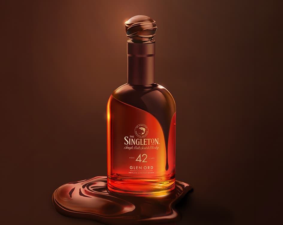 The Singleton Gourmand Collection Notes of Fig & Chocolate Ganache Single Malt Scotch Whisky with a desert and a glass of whisky