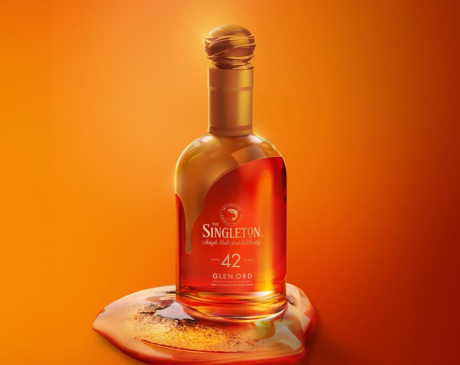The Singleton Gourmand Collection Notes of Caramelised Crème Brûlée Single Malt Scotch Whisky with a desert and a glass of whisky