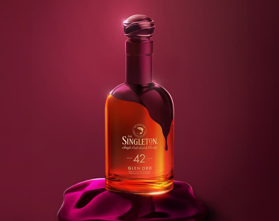 The Singleton Gourmand Collection Notes of Black Cherry Gâteau Single Malt Scotch Whisky with a desert and a glass of whisky
