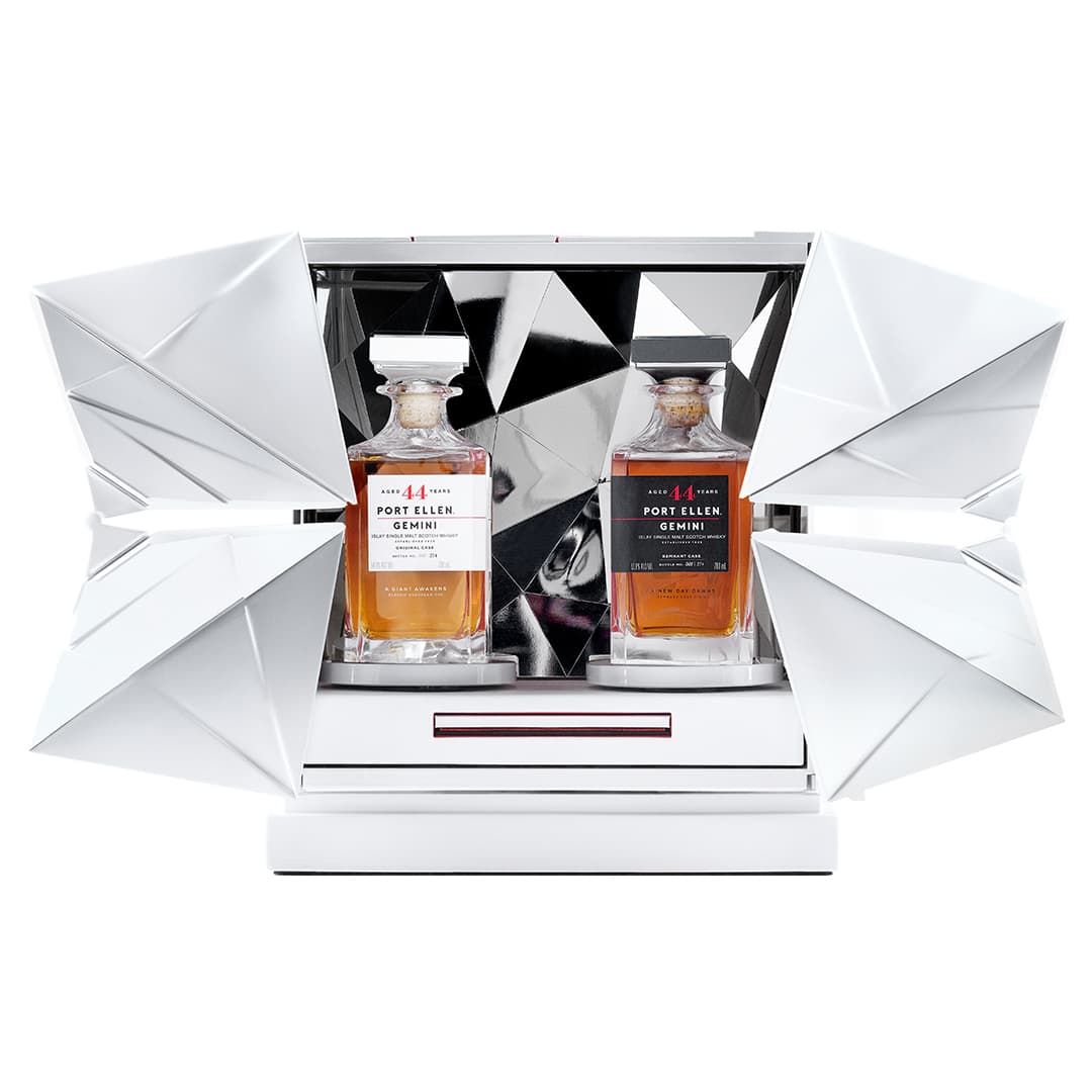 Two bottles of gemini port ellen whisky in a futuristic white case