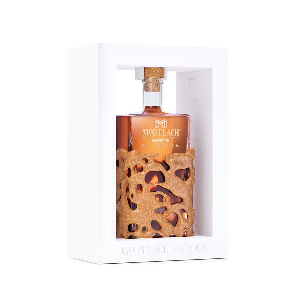 Mortlach x Starck L’Evolution Collection Become bottle in a side view of a packaging 