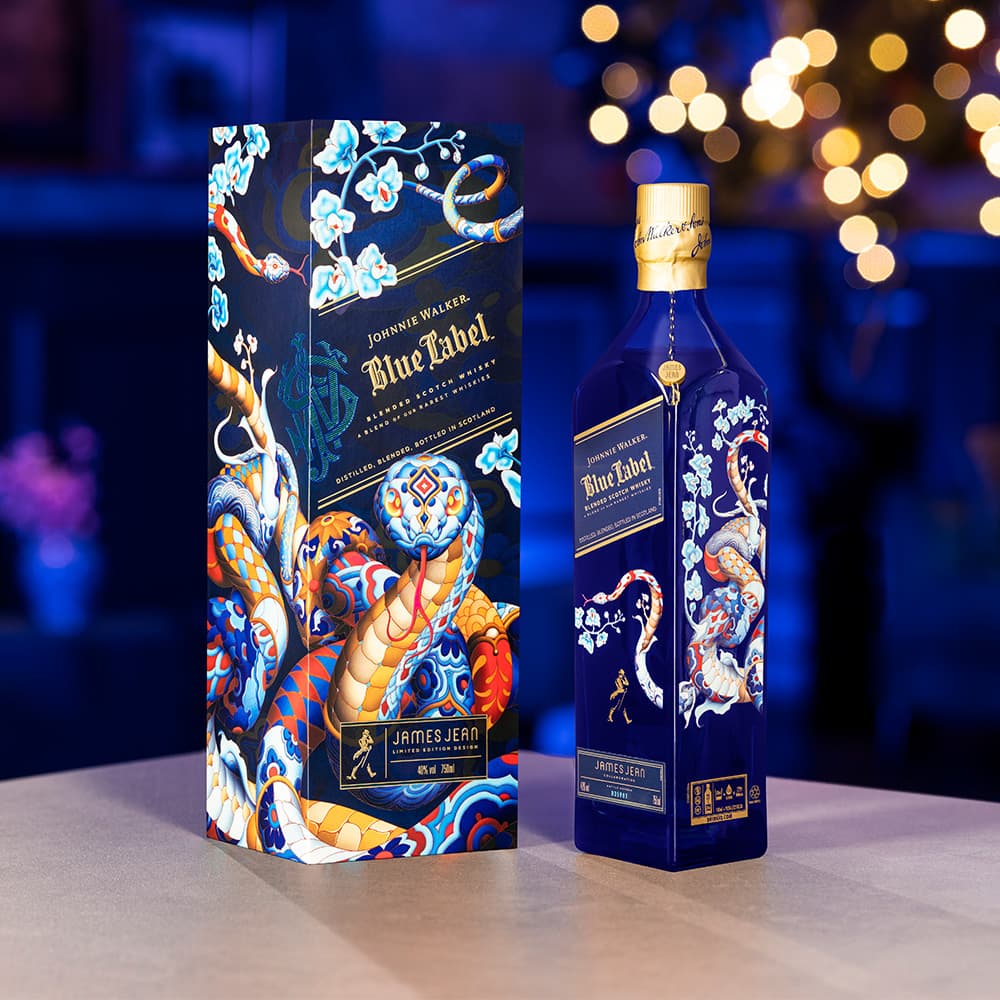 Johnnie Walker Blue Label Lunar New Year 2025 Limited Edition with James Jean artwork on the background