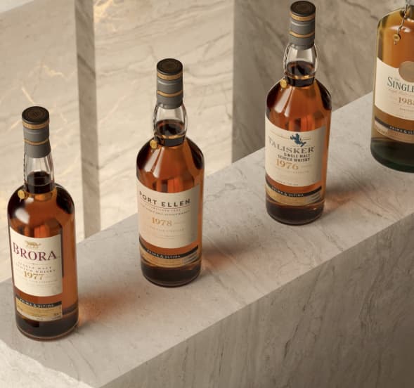 Brora, Port Ellen, tasliker and The Singleton bottles from the Prima and Ultima Fourth Release